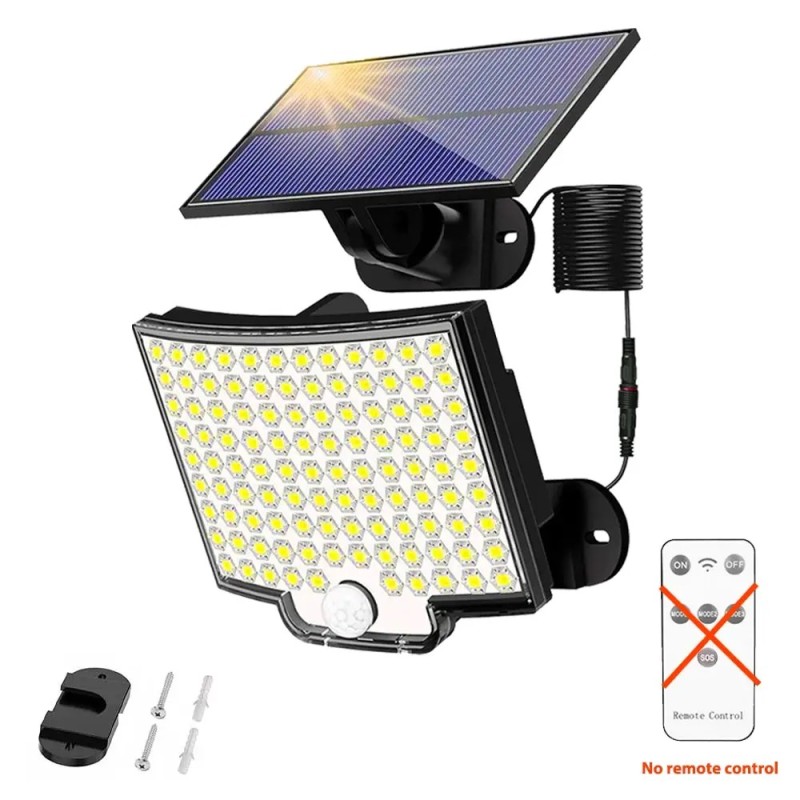 Lumină solară cu 106 LED, în aer liber, impermeabilă, cu senzor de mișcare, proiector, telecomandă, 3 moduri pentru curte, garaj