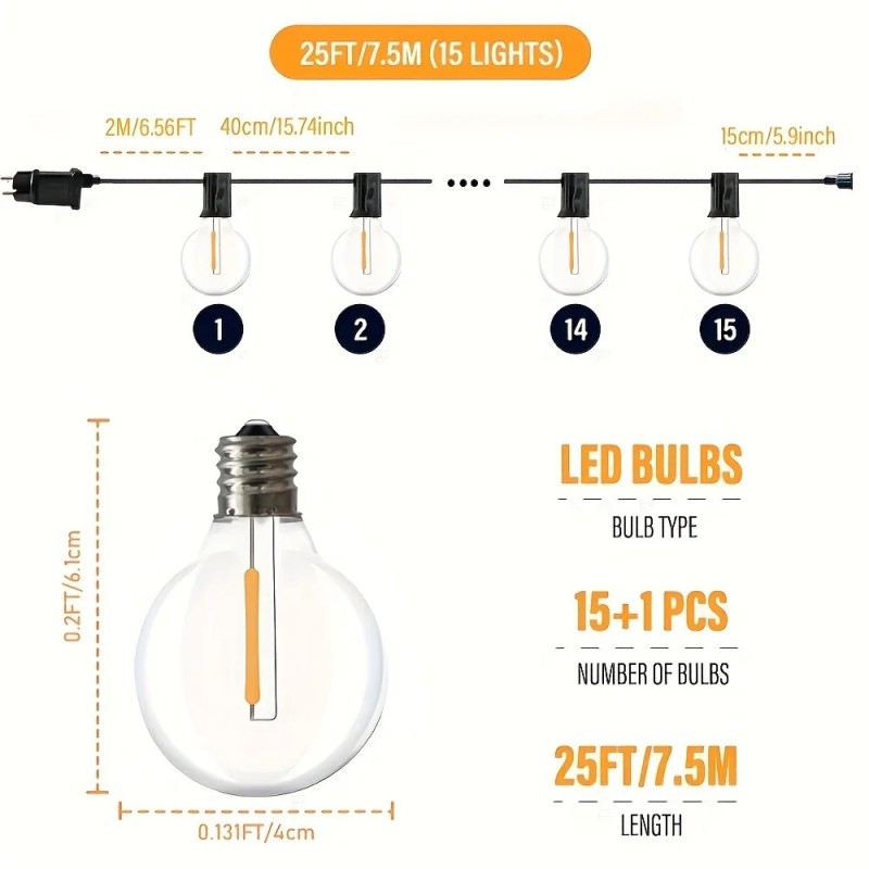 Ghirlande lumini cu bile G40 cu LED, ghirlande de grădină, impermeabile, pentru terasă, grădină, pub, decorare pentru petrecerea