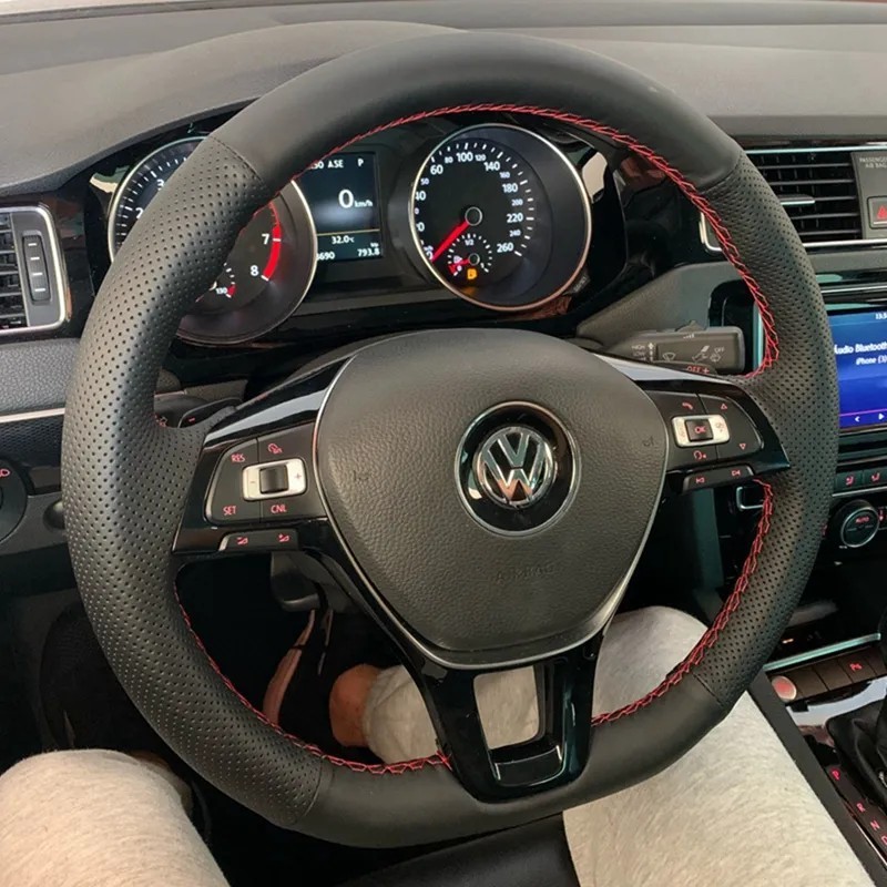 Capac împletitură pentru volan de mașină, piele artificială neagră pentru Volkswagen VW Golf 7 Mk7 Touran Up Nou Polo Jetta Pass