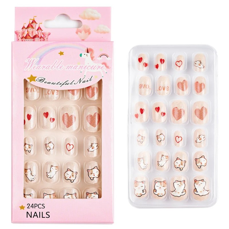 Sfaturi pentru unghii pentru copii cu desene animate 5D 6-14 ani 24 buc/cutie Unghii false adezive sigure non-toxice DIY colorat