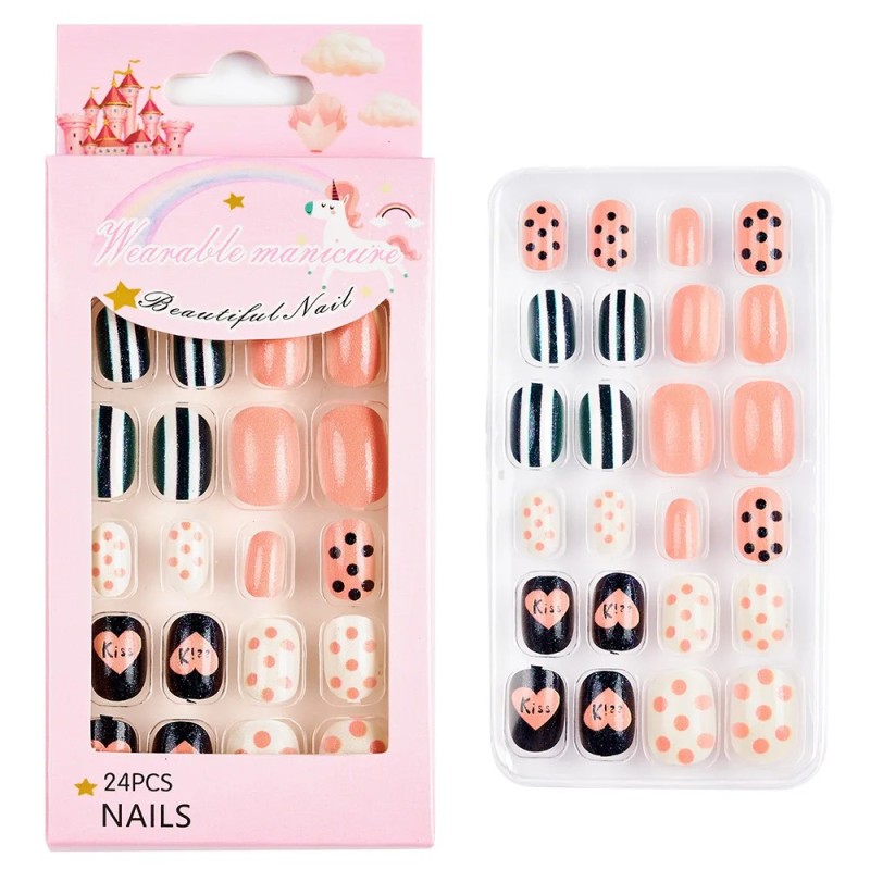 Sfaturi pentru unghii pentru copii cu desene animate 5D 6-14 ani 24 buc/cutie Unghii false adezive sigure non-toxice DIY colorat