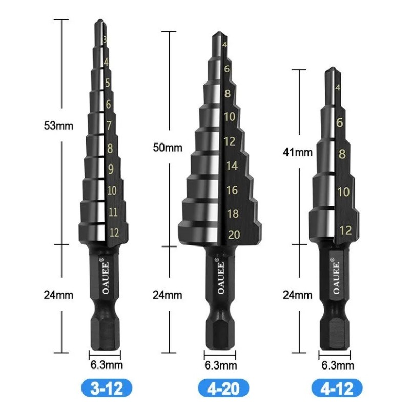 Burghie HSS cu pas drepte, 3 buc, 3-12 mm, 4-12 mm, 4-20 mm, nitrură, hexagonală neagră, din lemn, metal, tăietor pentru găuri, Burghie HSS cu pas drepte, 3 buc, 3-12 mm, 4-12 mm, 4-20 mm, nitrură, hexagonală neagră, din lemn, metal, tăietor pentru găuri,