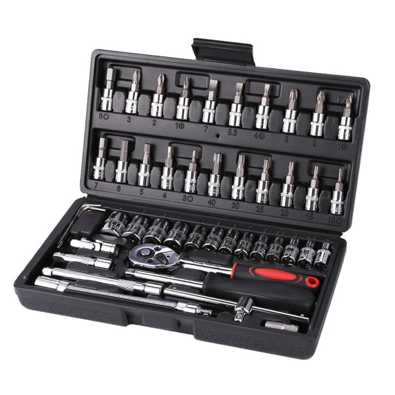 Set de prize 46 buc. Instrument pentru repararea mașinii Set de chei cheie cu clichet Set de chei șurubelnițe Set de instrumente