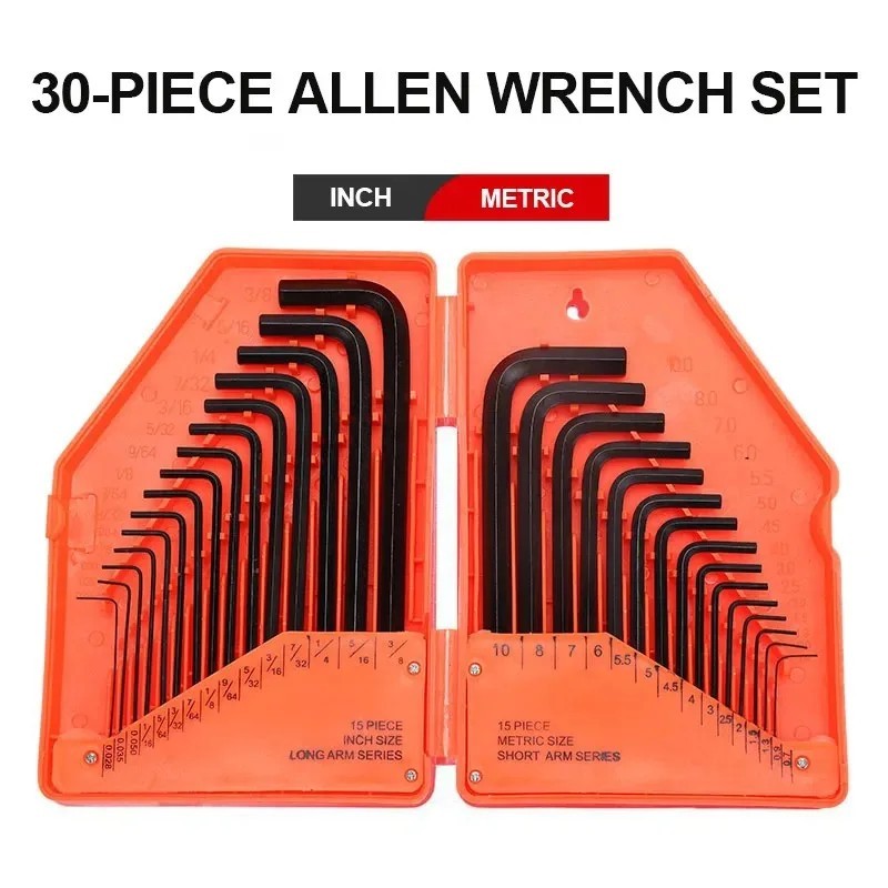 30Pcs Wrench Set Hex Key Allen Wrench 0.028"- 3/8" Inch & 0.7mm-10mm Metric Size Chromium-vanadium Steel Spanner Long Arm Tool