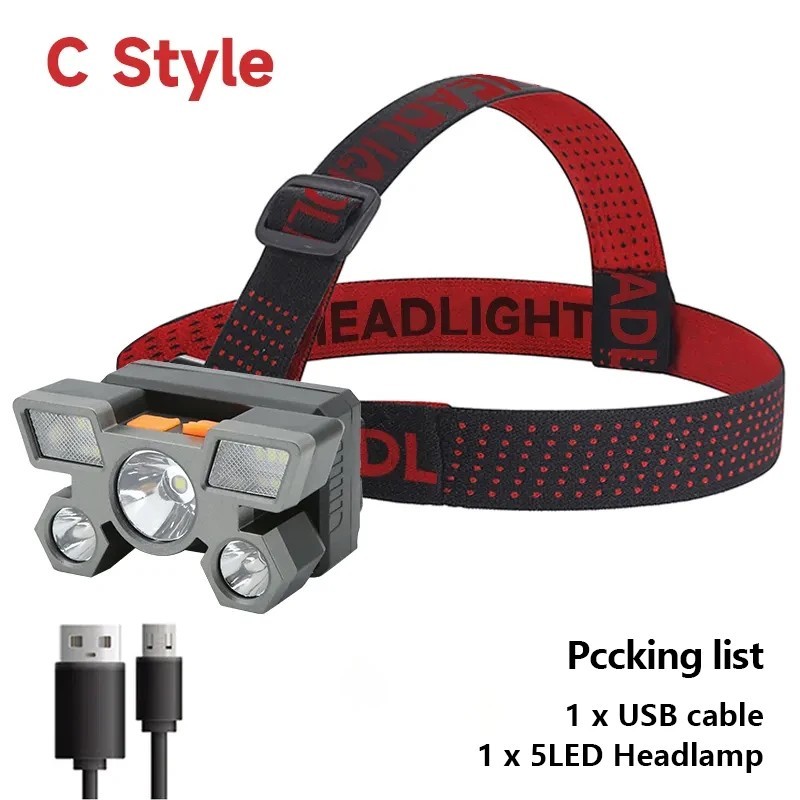 Lanterna cu 5 LED-uri reîncărcabilă cu baterie 18650 încorporată Lumină puternică Camping aventură Pescuit Lampă frontală