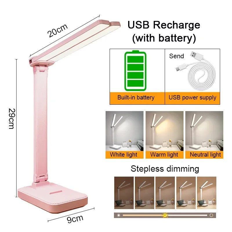 Lampă de birou cu LED, 3 niveluri, cu reglare tactilă, lumină de noapte, reîncărcabilă prin USB, protecție ochilor, lampă de mas Lampă de birou cu LED, 3 niveluri, cu reglare tactilă, lumină de noapte, reîncărcabilă prin USB, protecție ochilor, lampă de mas