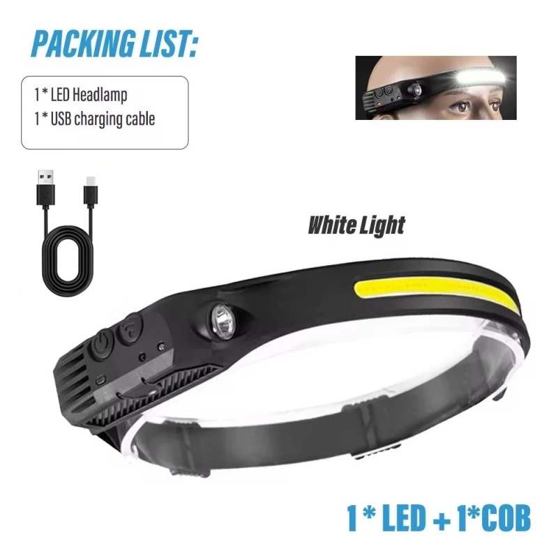 Lanterna frontală cu inducție COB LED Senzor Lampă frontală Baterie încorporată Lanternă cu cap reîncărcabilă prin USB 5 moduri 