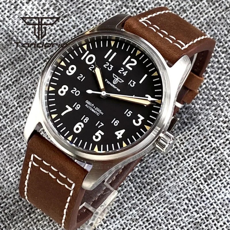 Tandorio 39mm NH35A 20bar Ceasuri pentru bărbați Pilot de scufundare automată Sticlă de safir Cadran luminos verde Curea din pie