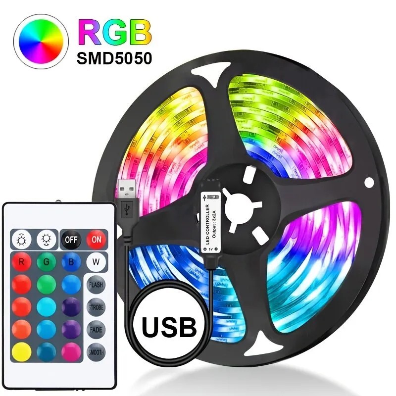 Bandă de lumină LED cu USB 5M, 5050 RGB, lumini flexibile LED cu schimbare de culoare, cu 24 de taste, pentru copii, cameră de j Bandă de lumină LED cu USB 5M, 5050 RGB, lumini flexibile LED cu schimbare de culoare, cu 24 de taste, pentru copii, cameră de j