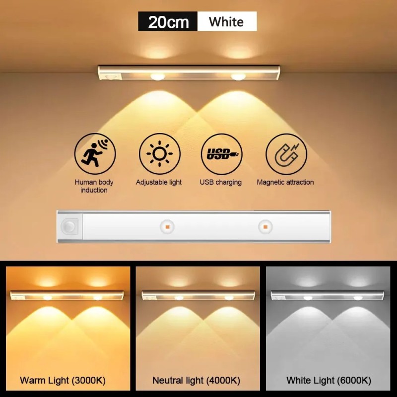 PZSUNLY Lumină dulap cu senzor de mișcare reîncărcabil prin USB Lumină LED pentru iluminat dulap de bucătărie 20cm/30cm/40cm/50C