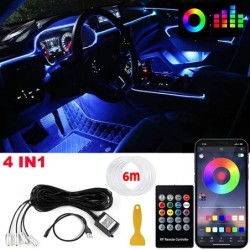 Strip de lumini ambientale cu LED-uri pentru interiorul mașinii, fibră optică RGB, kit de iluminat cu neon, cu telecomandă APP, 