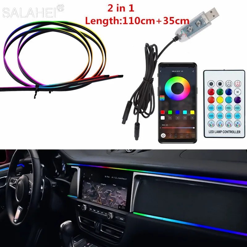 64 de culori USB Car LED Lumină ambientală Benzi acrilice Lumini pentru tabloul de bord RGB Interiorul mașinii Aplicație ascunsă 64 de culori USB Car LED Lumină ambientală Benzi acrilice Lumini pentru tabloul de bord RGB Interiorul mașinii Aplicație ascunsă