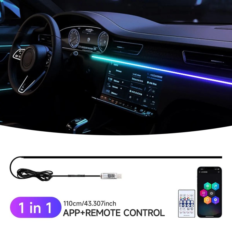 Lumină ambientală LED pentru mașină USB 64 de culori Benzi acrilice 110cm culori complete RGB Aplicație ascunsă pentru interioru