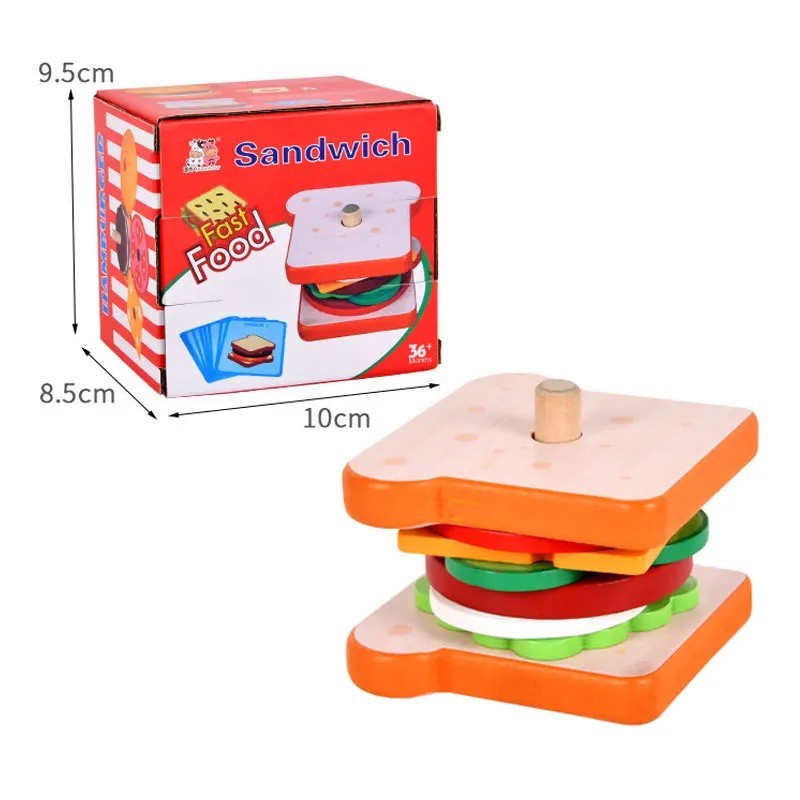 Jucării de stivuire Burger din lemn Montessori pentru copii mici, copii preșcolari, jucării educative de învățare, abilități mot