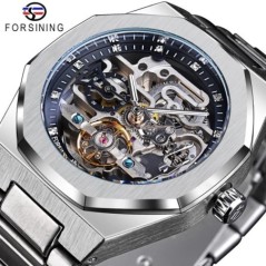 Forsining Casual ceas automat 3D Diamond Skeleton Hollow Ceasuri de mână pentru bărbați Ceasuri militare luminoase Tourbillon Mo