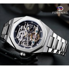 Forsining Casual ceas automat 3D Diamond Skeleton Hollow Ceasuri de mână pentru bărbați Ceasuri militare luminoase Tourbillon Mo