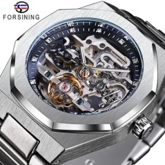 Forsining Casual ceas automat 3D Diamond Skeleton Hollow Ceasuri de mână pentru bărbați Ceasuri militare luminoase Tourbillon Mo