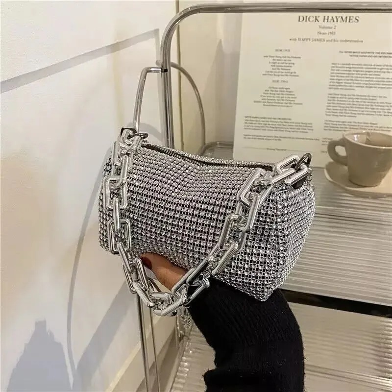 Geantă tip găleată cu strasuri, poșetă de bal cu lanț cu sclipici, mini geantă crossbody pentru femei (6,3*3,54) inci