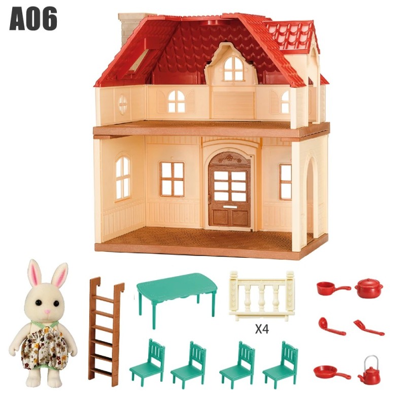 Simulare Bucătărie Pădure Familie Casă mică Vilă dublă cu trei etaje Reni Model animal Fată Casă de păpuși Mobilier Jucărie Cado