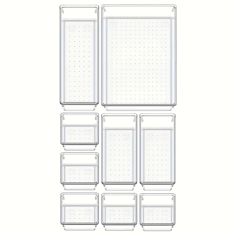 Set organizator de sertare versatil de 10 piese - Tăvi și separatoare din plastic transparent în 4 dimensiuni pentru depozitarea