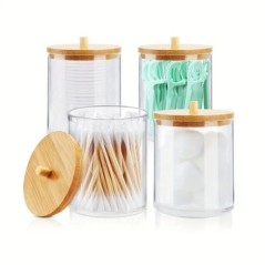 Borcane cu dozator cu suport Qtip acrilic cu capace din bambus, suport rotund pentru tampon pentru accesorii de baie, organizare