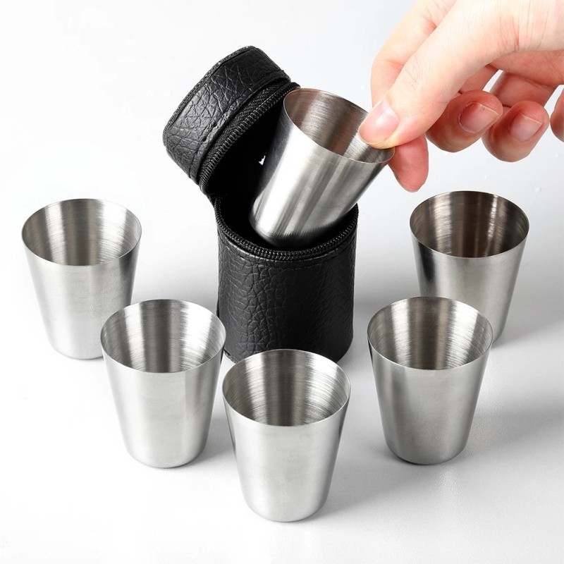 4/6 buc set pahare din oțel inoxidabil practice pentru călătorii în aer liber, mini set pahare pentru whisky și vin, cu carcasă, 4/6 buc set pahare din oțel inoxidabil practice pentru călătorii în aer liber, mini set pahare pentru whisky și vin, cu carcasă,