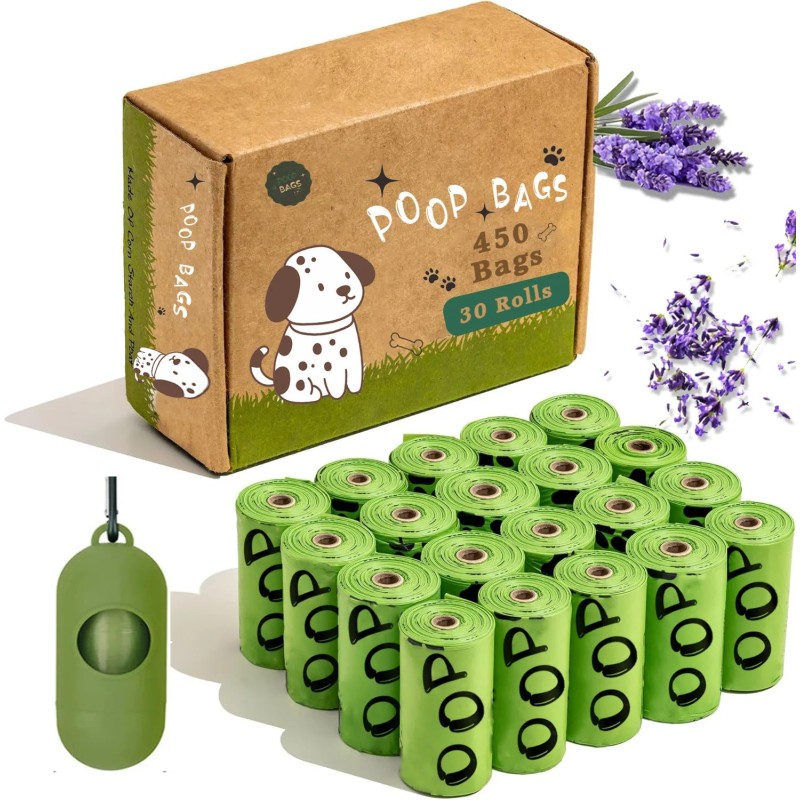 Pungi biodegradabile pentru excremente de câine EPI, cu parfum de lavandă, cu suport, extra groase, etanșe, cu dozator