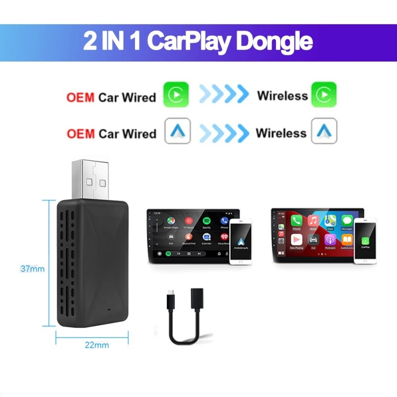 Adaptor CarPlay Android Auto 2 în 1 cu fir la wireless pentru sistemul stereo auto OEM cu USB Plug and Play Adaptor CarPlay Android Auto 2 în 1 cu fir la wireless pentru sistemul stereo auto OEM cu USB Plug and Play