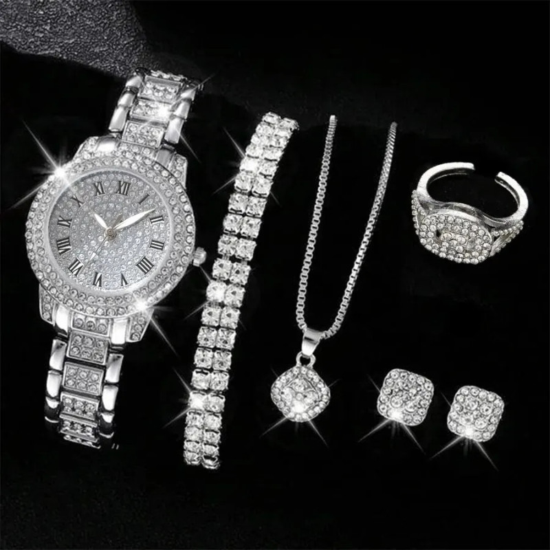 6PCS ceasuri de damă lux elegant din aliaj ceas de mână cu cristal pentru doamne cadou cuarț ceas din aliaj cu stras brățară mon