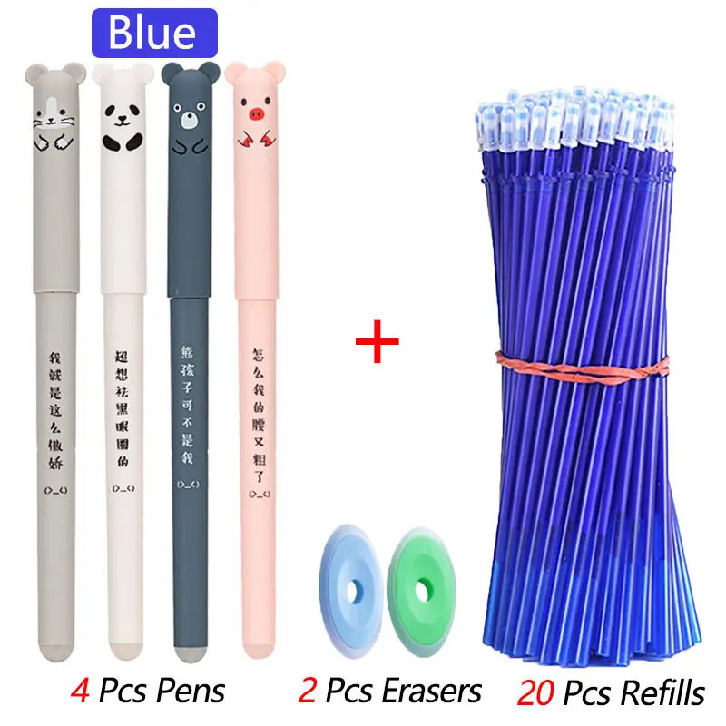 4+2+20 buc/set Kawaii pixuri cu gel erasabile 0.35mm impermeabile albastru/negru/roșu cerneală gel papetărie rechizite școlare p