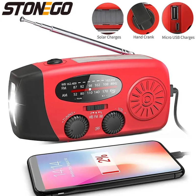 STONEGO Multifuncțional Radio FM Generator de urgență în aer liber cu manivelă Generator solar pentru încărcarea telefonului mob
