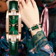 Ceasuri De Dama Fashion Square Doamnelor Ceas De Cuart Set Bratara Cadran Verde Ceasuri De Dama De Lux De Piele Simpla