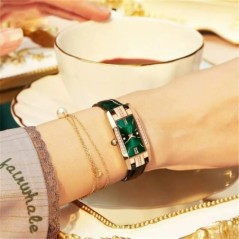 Ceasuri De Dama Fashion Square Doamnelor Ceas De Cuart Set Bratara Cadran Verde Ceasuri De Dama De Lux De Piele Simpla