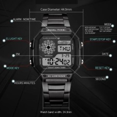 YIKAZE Ceas Digital Ceas Bărbătesc Curea din oțel inoxidabil Ceasuri sport cu numărătoare inversă Ceas de mână electronic cu LED