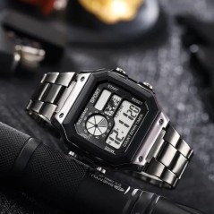 YIKAZE Ceas Digital Ceas Bărbătesc Curea din oțel inoxidabil Ceasuri sport cu numărătoare inversă Ceas de mână electronic cu LED