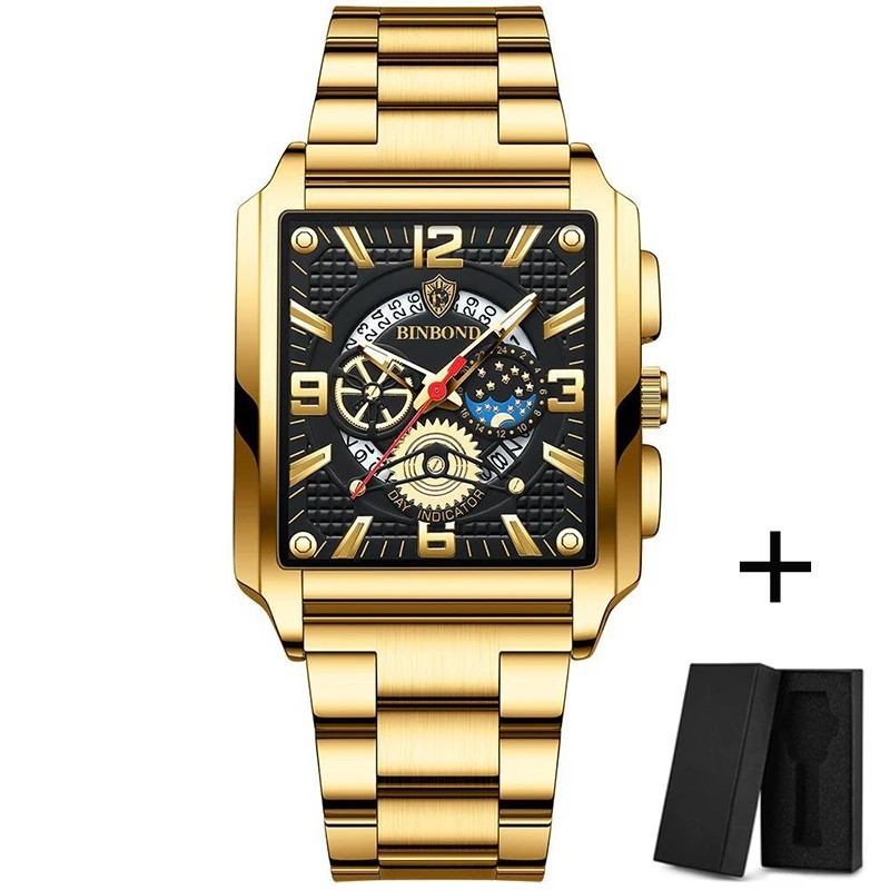 Ceasuri Bărbați Gold Square Ceasuri Originale de Lux din Oțel Inoxidabil Impermeabil Relogio Masculino