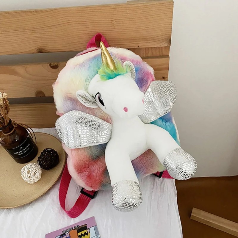 Rucsac cu unicorn cu blană de iarnă pentru copii mici, cu desene animate, rucsac pentru copii, grădiniță, geantă de umeri