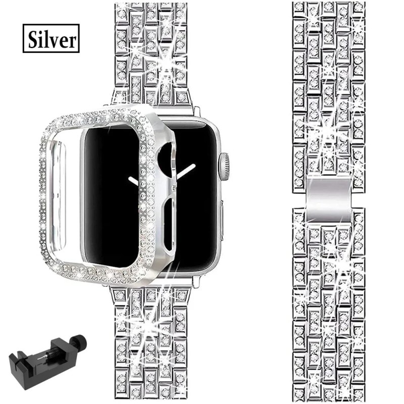 Pentru Apple Watch Band Ultra 49mm 45mm 41mm 40/44mm 42mm Curea metalică cu sclipici Husă de protecție diamant iWatch Series 9 8