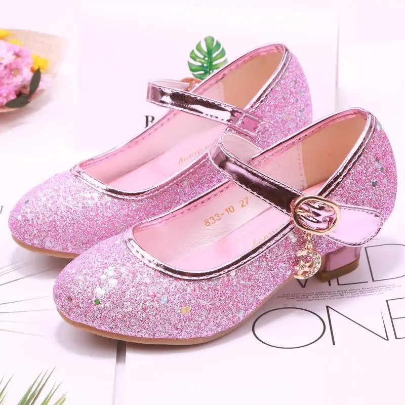 Copii Pantofi Printesa Pantofi de dans student pentru Fete Sandale Toc Inalt Rochie Mov Copii Piele Glitter Crystal Pantofi Banc