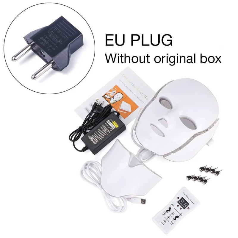 Mască facială cu LED, 7 culori, cu gât, mască pentru terapie cu lumină LED, pentru întinerirea pielii, dispozitiv de frumusețe a