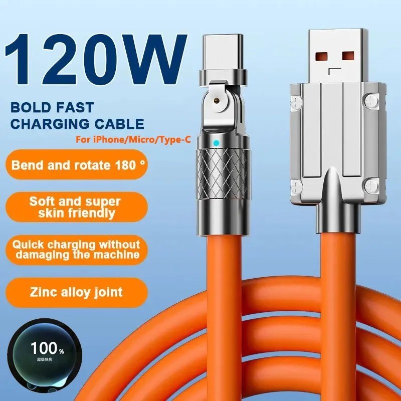 Cablu USB tip C de încărcare rapidă 120W 7A Cablu cot cu rotație de 180 de grade pentru joc pentru încărcător de telefon Xiaomi 