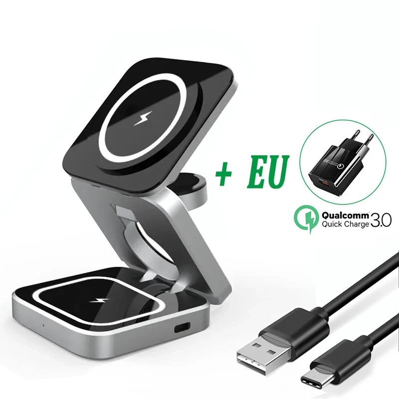 Suport pentru încărcător fără fir pliabil 3 în 1 pentru iPhone 15 14 13 12 Pro Max Apple Watch 8 7 Suport magnetic Stație de înc
