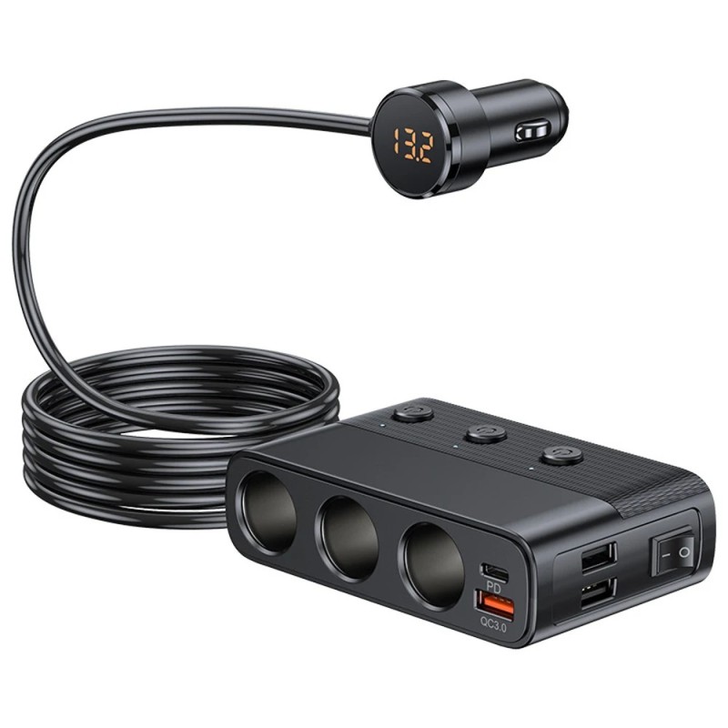 Încărcătoare de mașină 128W PD+QC3.0 Adaptor de încărcare rapidă Splitter de putere cu 3 prize 12-24V cu 4 porturi USB Afișaj vo