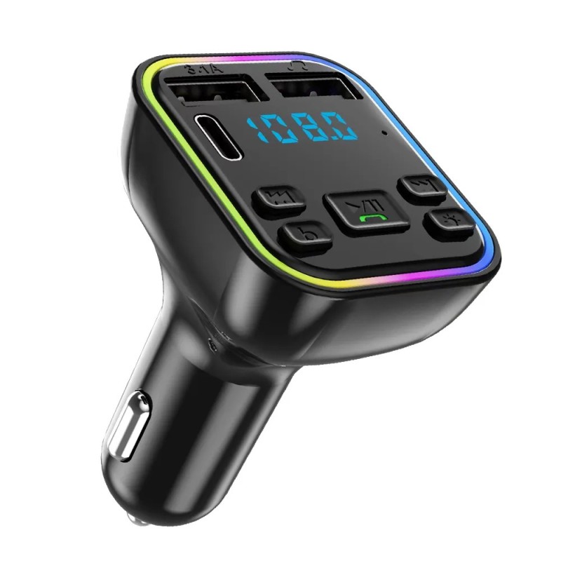 Transmițător FM Bluetooth 5.0 pentru mașină PD Type-C Dual USB 3.1A Încărcător rapid Lumină ambientală colorată Player modulator
