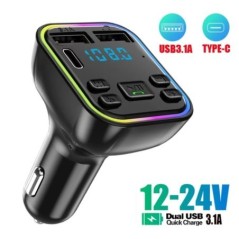 Transmițător FM Bluetooth 5.0 pentru mașină PD Type-C Dual USB 3.1A Încărcător rapid Lumină ambientală colorată Player modulator
