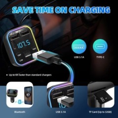 Transmițător FM Bluetooth 5.0 pentru mașină PD Type-C Dual USB 3.1A Încărcător rapid Lumină ambientală colorată Player modulator