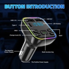Transmițător FM Bluetooth 5.0 pentru mașină PD Type-C Dual USB 3.1A Încărcător rapid Lumină ambientală colorată Player modulator