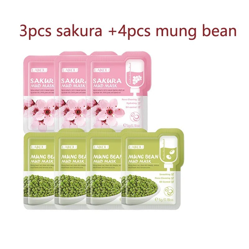 LAIKOU 7 buc. Mască de față cu noroi din Japonia Sakura, curăță, albire, hidratantă, controlul uleiului, anti-îmbătrânire, mască