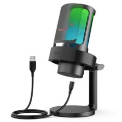 Microfon USB FIFINE pentru înregistrare și redare în flux pe PC și Mac, ieșire căști și buton tactil-mute, microfon cu 3 moduri 