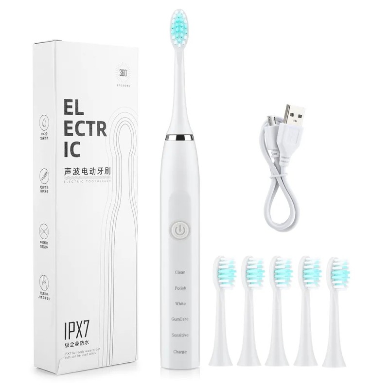 Periuță de dinți electrică sonică pentru bărbați și femei, pentru adulți, reîncărcabilă prin USB, IPX7, impermeabilă, pentru alb